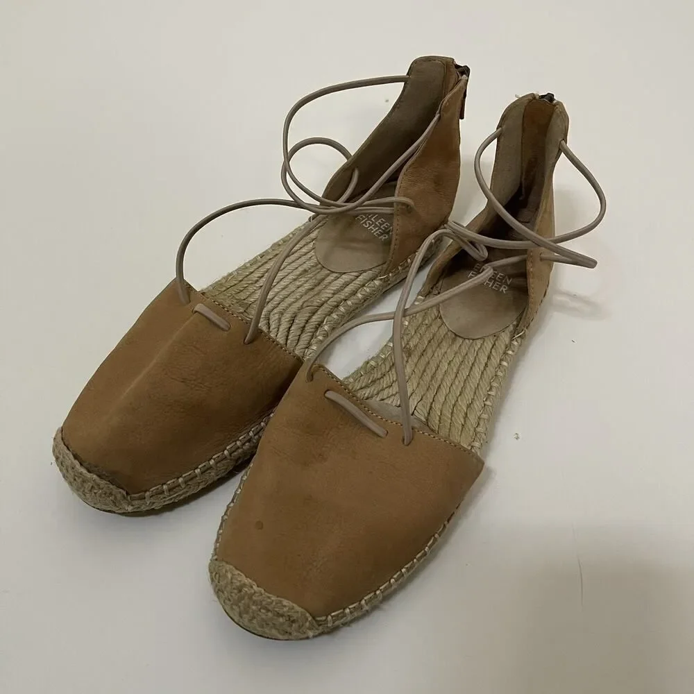 Eileen Fisher Lace suede cognac brown leather espadrille sandals US 9